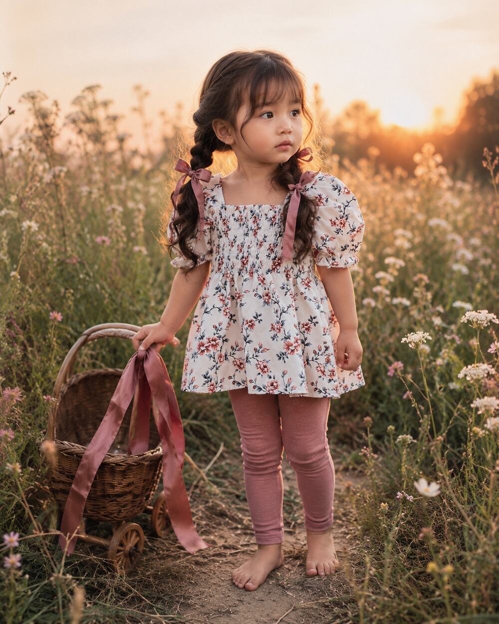 Sunset Blooms Smocked Floral Puff Slv Top + Dusty Rose Skinny Rib Leggings